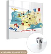 MuchoWow® Glasschilderij 90x90 cm - Schilderij acrylglas - Geïllustreerde kaart van Frankrijk - Foto op glas - Schilderijen