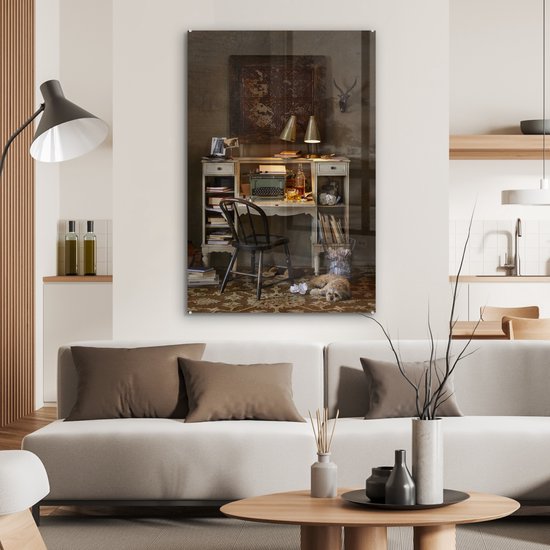 MuchoWow® Peinture sur Verre - Machine à écrire Vintage sur un Bureau Blanc - 60x90 cm - Peintures sur Verre Peintures - Photo sur Glas