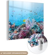 MuchoWow® Glasschilderij 90x90 cm - Schilderij acrylglas - Kleurrijk rif en koraal - Foto op glas - Schilderijen
