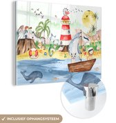 MuchoWow® Glasschilderij 80x60 cm - Schilderij acrylglas - Strand - Dieren - Kinderen - Vuurtoren - Jongens - Foto op glas - Schilderijen