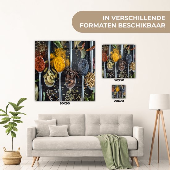 MuchoWow® Peinture sur Verre - Herbes - Cuillère - Épices - Zwart - Cuisine - 90x90 cm - Peintures sur Verre Acrylique - Photo sur Glas