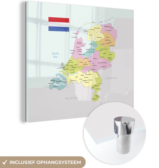 MuchoWow® Glasschilderij 50x50 cm - Schilderij acrylglas - Kaart - Nederland - Nederlandse vlag - Foto op glas - Schilderijen