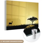 MuchoWow® Glasschilderij 150x100 cm - Schilderij acrylglas - Illustratie van een zonsondergang bij een Afrikaanse safari - Foto op glas - Schilderijen