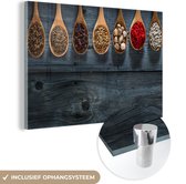 MuchoWow® Glasschilderij 60x40 cm - Schilderij acrylglas - Kruiden - Lepels - Hout - Keuken - Specerijen - Industrieel - Foto op glas - Schilderijen