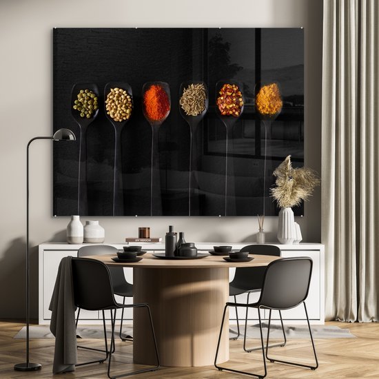 MuchoWow® Peinture sur verre 160x120 cm - Peinture sur verre acrylique - Cuillères - Épices - Zwart - Herbes - Rustique - Photo sur verre - Peintures