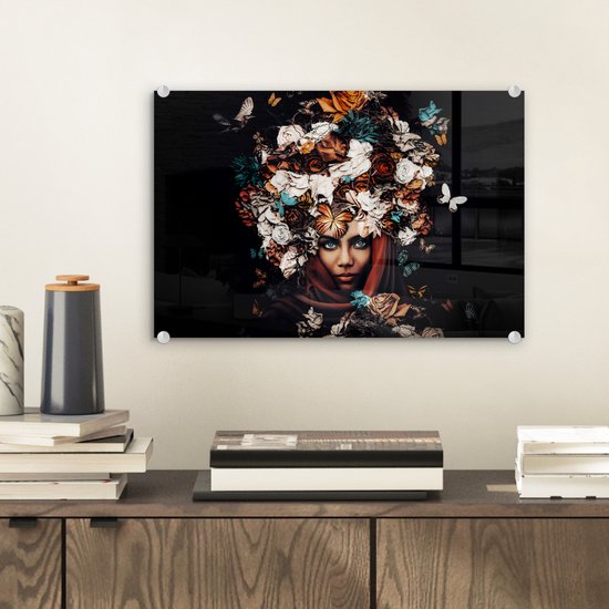 MuchoWow® Peinture sur Verre - Fleurs - Papillon - Femmes - Foulard - 30x20 cm - Peintures sur Verre Peintures - Photo sur Glas