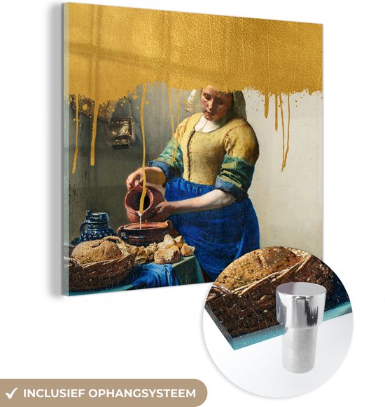 MuchoWow® Glasschilderij 50x50 cm - Schilderij acrylglas - Melkmeisje - Goud - Vermeer - Foto op glas - Schilderijen