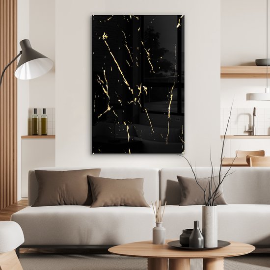 MuchoWow® Peinture sur Verre - Marbre - Zwart - Or - Luxe - 60x90 cm - Peintures sur Verre Peintures - Photo sur Glas