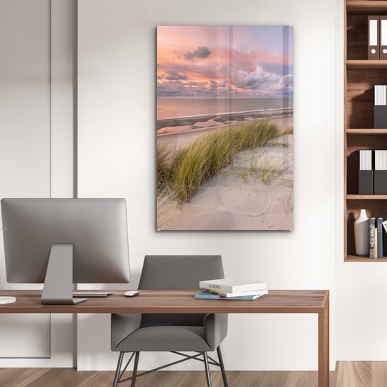 MuchoWow® Peinture sur verre 80x120 cm - Peinture sur verre acrylique - Plage - Mer - Dune - Nederland - Rose - Photo sur verre - Peintures