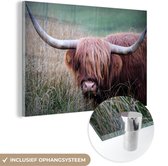 MuchoWow® Glasschilderij 180x120 cm - Schilderij acrylglas - Schotse Hooglander - Hoorns - Gras - Foto op glas - Schilderijen