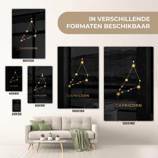 MuchoWow® Glasschilderij 20x30 cm - Schilderij acrylglas - Zodiac signs - Steenbok - Astrologie - Goud - Foto op glas - Schilderijen