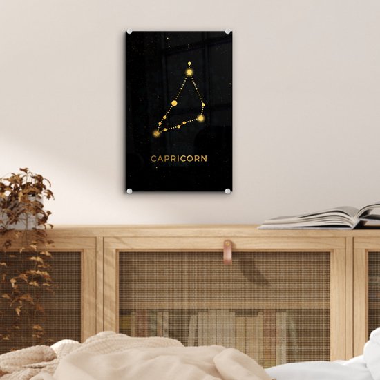 MuchoWow® Glasschilderij 20x30 cm - Schilderij acrylglas - Zodiac signs - Steenbok - Astrologie - Goud - Foto op glas - Schilderijen