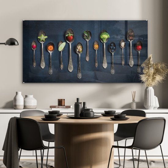 MuchoWow® Peinture sur verre 120x60 cm - Peinture sur verre acrylique - Herbes - Cuillère - Argent - Épices - Industriel - Photo sur verre - Peintures