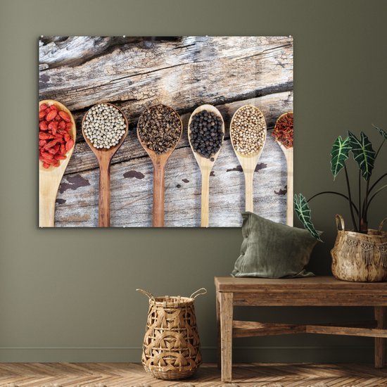 MuchoWow® Peinture sur Verre - Cuillères de grande à petite avec des épices - 120x90 cm - Peintures sur Verre Acrylique - Photo sur Glas