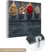 MuchoWow® Glasschilderij 50x50 cm - Schilderij acrylglas - Kruiden - Lepels - Hout - Keuken - Specerijen - Industrieel - Foto op glas - Schilderijen