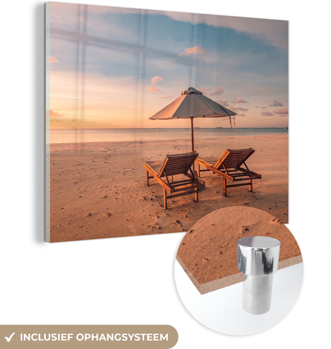 MuchoWow® Glasschilderij 40x30 cm - Schilderij acrylglas - Strand - Ligbed - Parasol - Fot