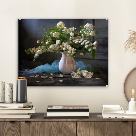MuchoWow® Glasschilderij 40x30 cm - Schilderij acrylglas - Bloemen - Wit - Stilleven - Foto op glas - Schilderijen