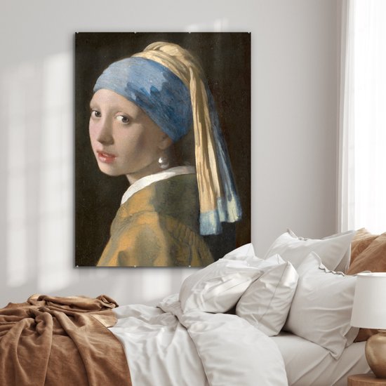 MuchoWow® Peinture sur Verre - Fille à la Perle - Peinture de Johannes Vermeer - 90x120 cm - Peintures sur Verre Acrylique - Photo sur Glas