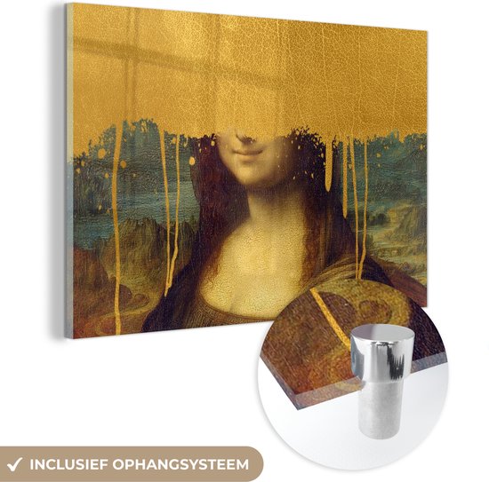MuchoWow® Glasschilderij 120x80 cm - Schilderij acrylglas - Mona Lisa - Goud - Da Vinci - Foto op glas - Schilderijen
