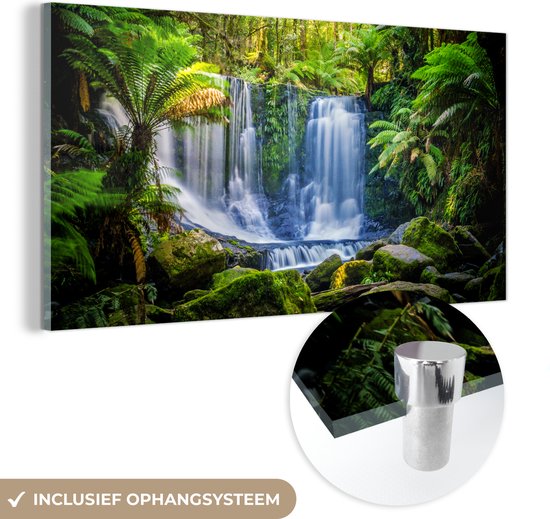 MuchoWow® Glasschilderij 120x60 cm - Schilderij acrylglas - Jungle - Waterval - Australië - Planten - Natuur - Foto op glas - Schilderijen
