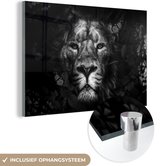 MuchoWow® Peinture sur verre - Lion avec papillons et fleurs dans la jungle - noir et blanc - 30x20 cm - Peintures sur Verre Acrylique - Photo sur Glas