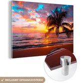 Glasschilderij - Glazen schilderij - Palmboom - Zon - Strand - Horizon - Foto op glas - Glas schilderij - Kamer decoratie - Acrylglas - 30x20 cm - Schilderijen woonkamer