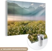 MuchoWow® Glasschilderij 60x40 cm - Schilderij acrylglas - Bloemen - Bergen - Mist - Foto op glas - Schilderijen
