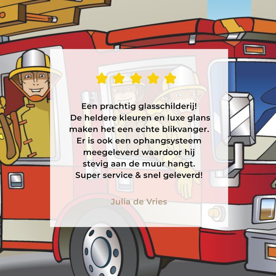 ® Glasschilderij 60x40 cm - Schilderij acrylglas - Kinderillustratie van brandweermannen in brandweerauto - Foto op glas - Muurdecoratie woonkamer - Wanddecoratie slaapkamer - Schilderijen