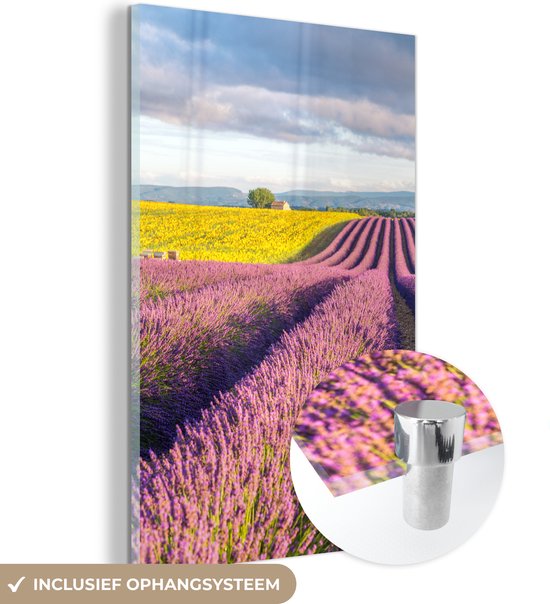 MuchoWow® Glasschilderij 80x120 cm - Schilderij acrylglas - Lavendel - Zonnebloemen - Frankrijk - Foto op glas - Schilderijen