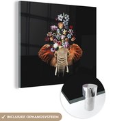 MuchoWow® Glasschilderij 50x50 cm - Schilderij acrylglas - Olifant - Bloemen - Kleuren - Foto op glas - Schilderijen