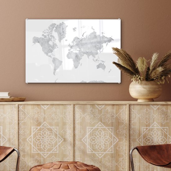 Peinture sur Verre - Carte du Wereldkaart - Grijs - Marbre - 60x40 cm - Peintures sur Verre Peintures - Photo sur Glas