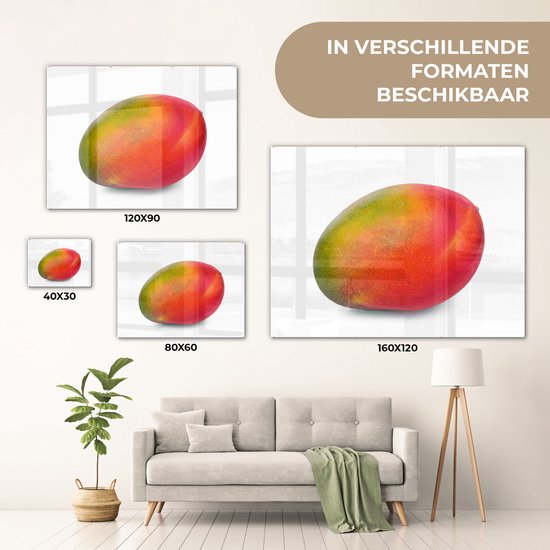 ® Glasschilderij 40x30 cm - Schilderij acrylglas - Groene en oranje mango op witte achtergrond - Foto op glas - Muurdecoratie woonkamer - Wanddecoratie slaapkamer - Schilderijen