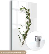 MuchoWow® Glasschilderij 40x60 cm - Schilderij acrylglas - Een takje van rozemarijn op witte achtergrond - Foto op glas - Schilderijen