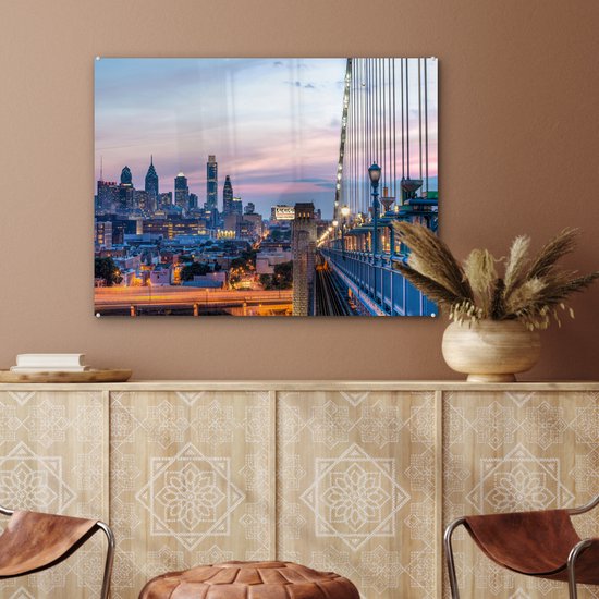 Le coucher de soleil de Philadelphie aux Etats-Unis vu du pont Benjamin Franklin Plexiglas 80x60 cm - Tirage photo sur Glas (décoration murale en plexiglas)