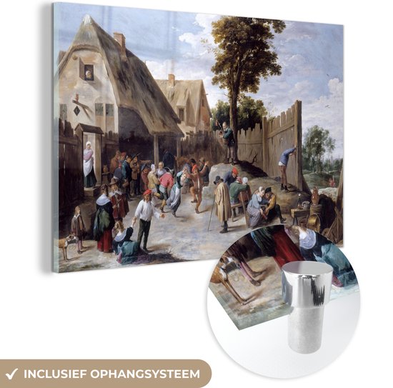 MuchoWow® Glasschilderij 60x40 cm - Schilderij acrylglas - Dansende boeren buiten een taverne - Schilderij van David Teniers de Jongere - Foto op glas - Schilderijen