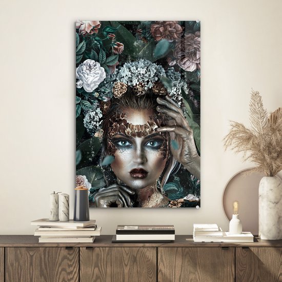 Peinture sur verre - Argent - Femme - Fleurs - 40x60 cm - Peintures Plexiglas