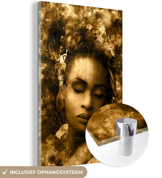 MuchoWow® Peinture sur Verre - Femme - Fleurs - Sépia - 100x150 cm - Peintures sur Verre Acrylique - Photo sur Glas