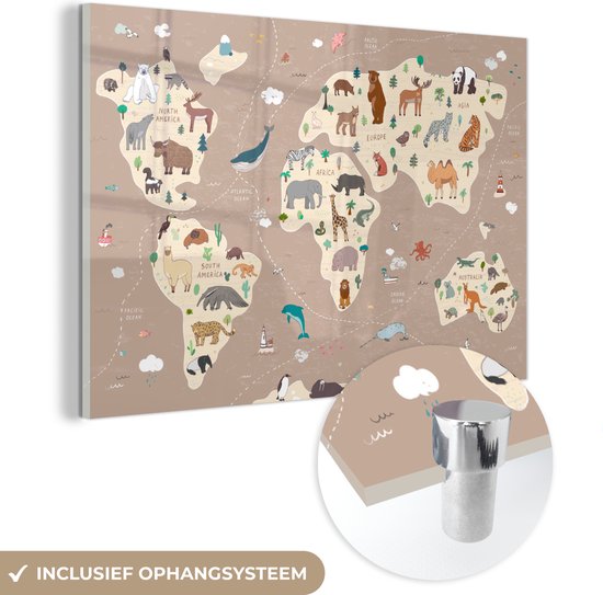 Peinture sur Verre - Carte du Wereldkaart pour Enfants - Terre - Animaux - 120x80 cm - Peintures sur Verre Peintures - Photo sur Glas