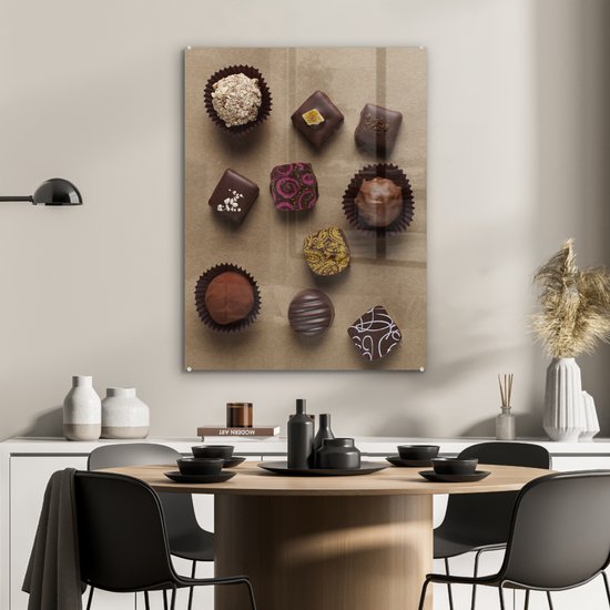 MuchoWow® Peinture sur verre 60x80 cm - Peinture sur verre acrylique - Chocolats sur fond marron - Photo sur verre - Peintures