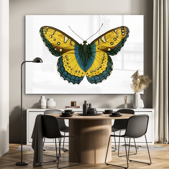 MuchoWow® Glasschilderij 180x120 cm - Schilderij acrylglas - Vintage - Vlinder - Geel - Foto op glas - Schilderijen