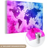 MuchoWow® Glasschilderij 30x20 cm - Schilderij acrylglas - Wereldkaart - Roze - Paars - Foto op glas - Schilderijen