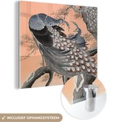 MuchoWow® Tableau en verre 20x20 cm - Tableau en verre acrylique - Paon - Vintage - Japonais - Scandinave - Plumes - Photo sur verre - Tableaux