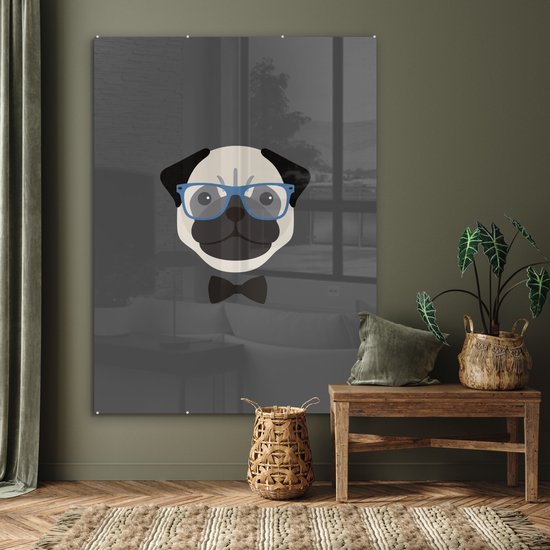 MuchoWow® Glasschilderij 120x160 cm - Schilderij acrylglas - Geïllustreerd portret van een mopshond - Foto op glas - Schilderijen