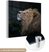 MuchoWow® Glasschilderij 90x90 cm - Schilderij acrylglas - Leeuw - Zwart - Jungle - Foto op glas - Schilderijen