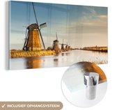 MuchoWow® Glasschilderij 40x20 cm - Schilderij acrylglas - Molen - Holland - Landschap - Foto op glas - Schilderijen