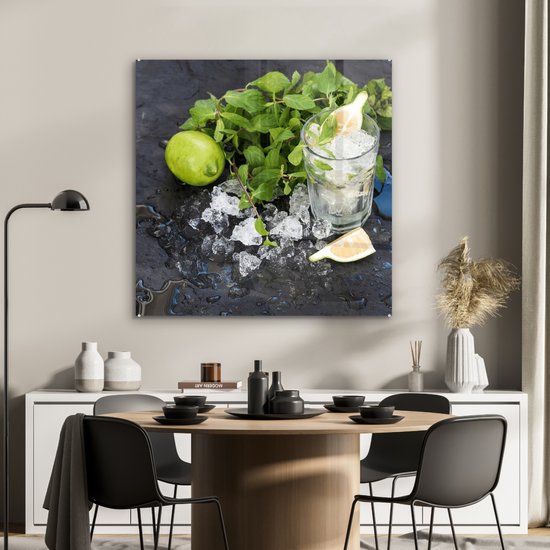 MuchoWow® Peinture sur Verre - Cocktail - Mojito - Glaçons - 90x90 cm - Peintures sur Verre Acrylique - Photo sur Glas