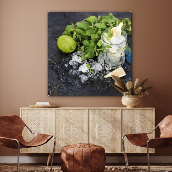 MuchoWow® Peinture sur Verre - Cocktail - Mojito - Glaçons - 90x90 cm - Peintures sur Verre Acrylique - Photo sur Glas