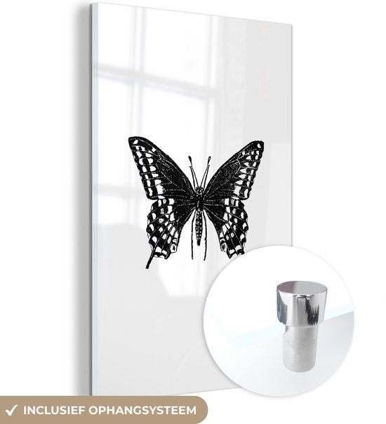 MuchoWow® Glasschilderij 60x90 cm - Schilderij acrylglas - Vlinder - Dieren - Retro - Zwart wit - Foto op glas - Schilderijen