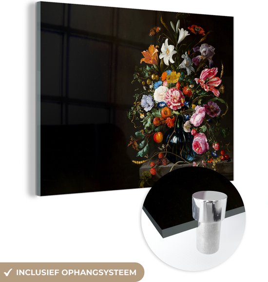 MuchoWow® Glasschilderij 80x60 cm - Schilderij acrylglas - Oude meesters - Kunst - Vaas met bloemen - Jan Davidsz de Heem - Foto op glas - Schilderijen