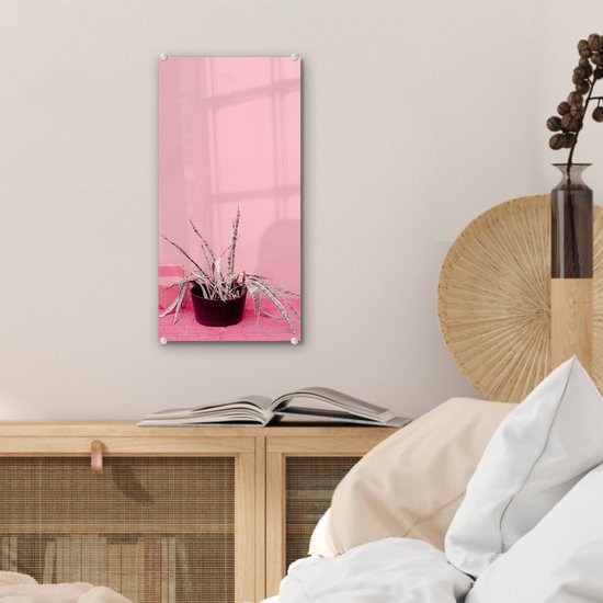 MuchoWow® Glasschilderij 20x40 cm - Schilderij acrylglas - Zomer - Roze - Planten - Foto op glas - Schilderijen
